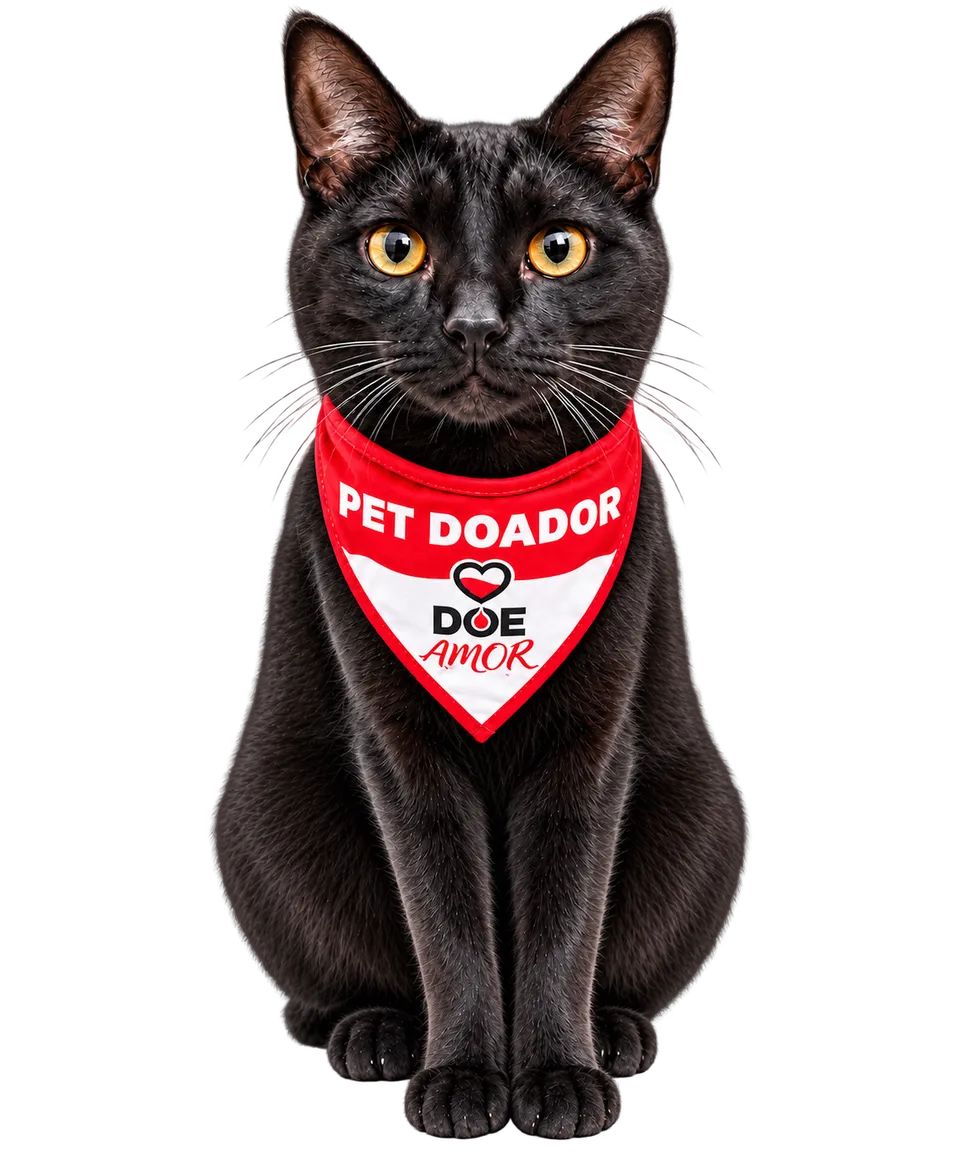 Detetive, gato preto sentado usando bandana vermelha de pet doador com os dizeres Doe Amor